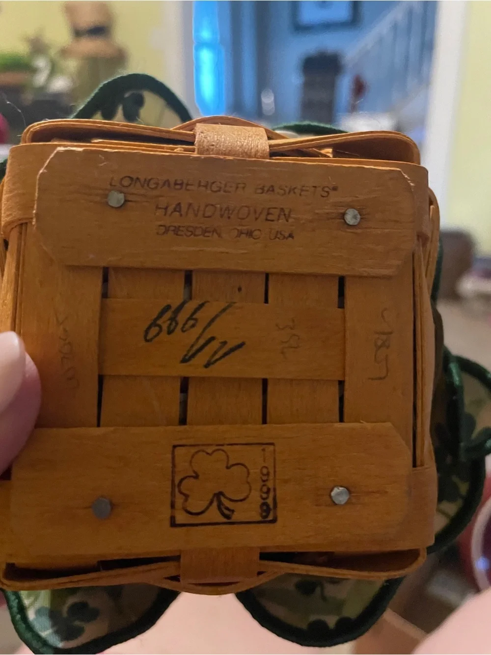 Longaberger Wood Sewing Basket with Green Shamrock Trim